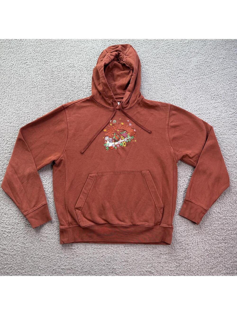 Nike Embroidered Hoodie Orange Nature Sun Floral Turtle Artsy Pullover Small - Picture 1 of 8